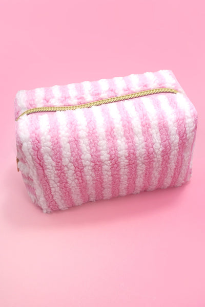 Plush Striped Sherpa Makeup Bag - Cozy Travel Pouch | 40P621