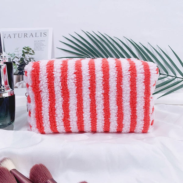Plush Striped Sherpa Makeup Bag - Cozy Travel Pouch | 40P621