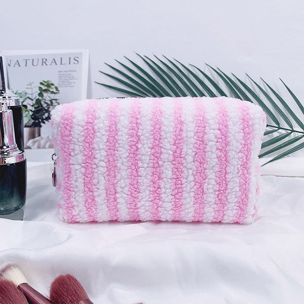 Plush Striped Sherpa Makeup Bag - Cozy Travel Pouch | 40P621