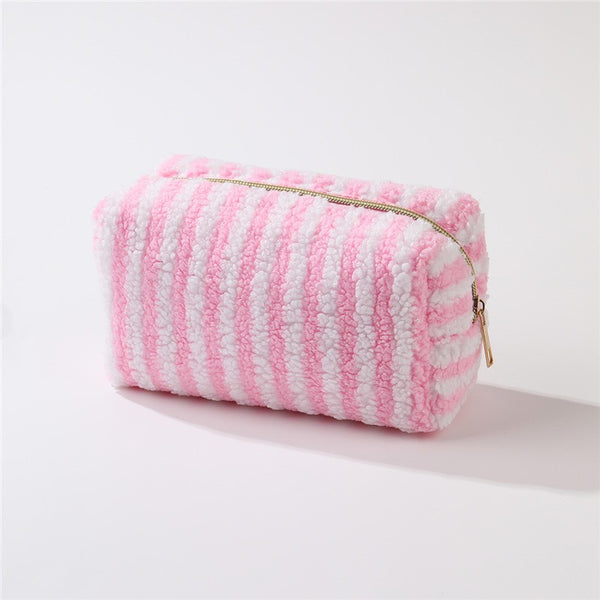 Plush Striped Sherpa Makeup Bag - Cozy Travel Pouch | 40P621