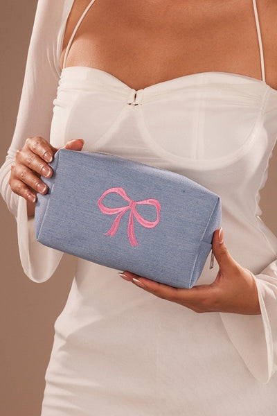 Pink Bow Embroidered Denim Makeup Bag | 40P622