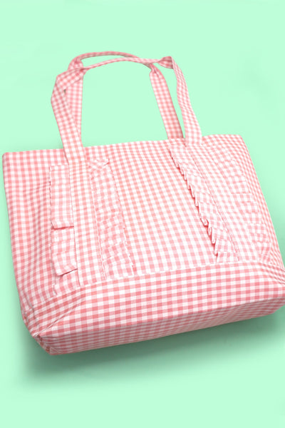 Gingham & Stripe Ruffle Tote Shoulder Bag | 40P623