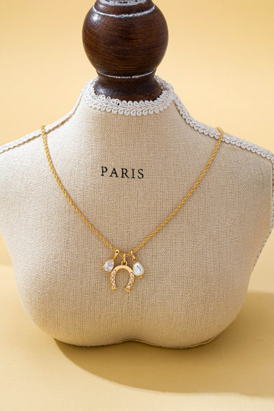 Pave Horseshoe & Pearl Drop Charm Necklace | 80N93155