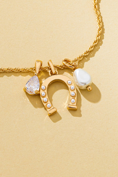 Pave Horseshoe & Pearl Drop Charm Necklace | 80N93155