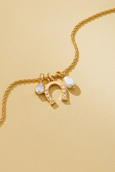 Pave Horseshoe & Pearl Drop Charm Necklace | 80N93155