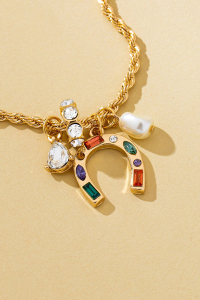 Multi-Color Horseshoe and Pearl Crystal Charm Necklace | 80N93136