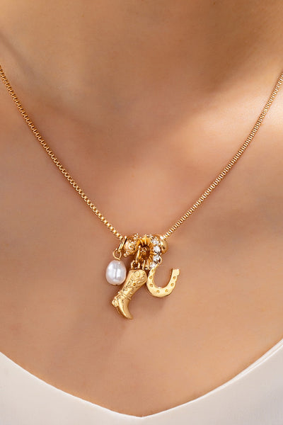 Western Boot Horseshoe Pearl Charm Necklace | 80N93161