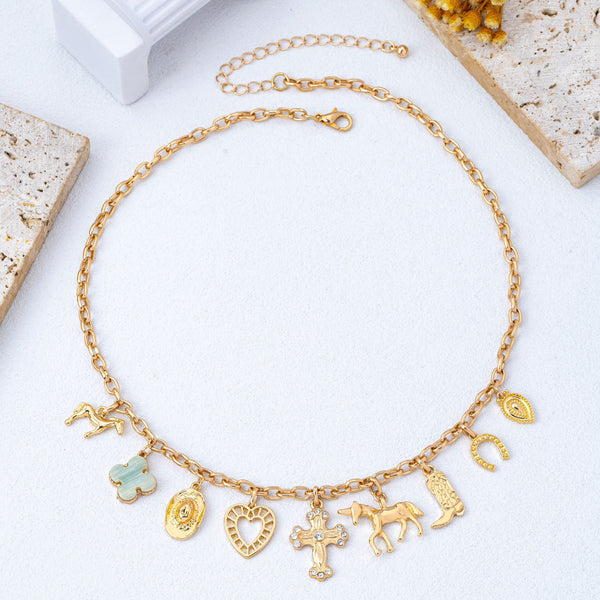 Western Multi-Charm Cross Heart Horse Link Necklace|80N93122