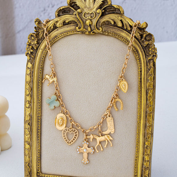 Western Multi-Charm Cross Heart Horse Link Necklace|80N93122