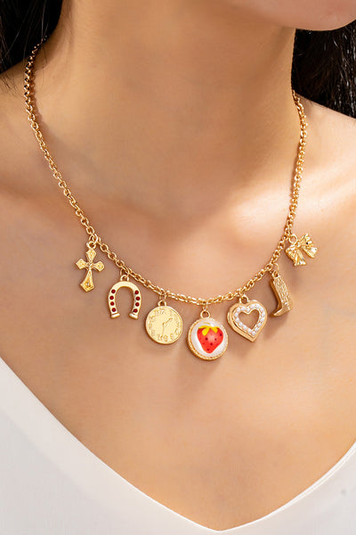 Strawberry Bow Coin Boot Western Charm Necklace | 80N93114