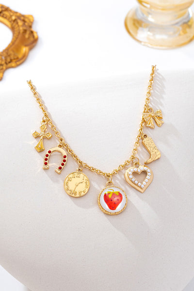 Strawberry Bow Coin Boot Western Charm Necklace | 80N93114