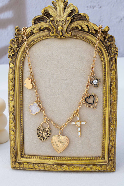 Antique Heart Locket & Cross Multi-Charm Necklace | 80N93116