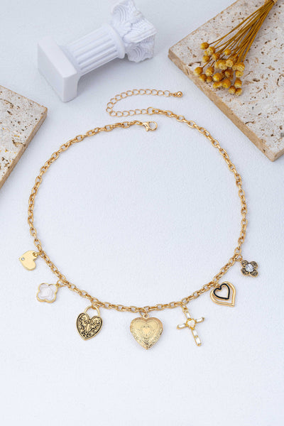Antique Heart Locket & Cross Multi-Charm Necklace | 80N93116