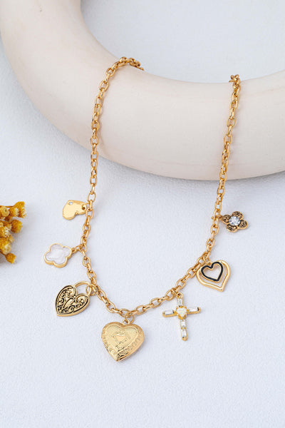 Antique Heart Locket & Cross Multi-Charm Necklace | 80N93116