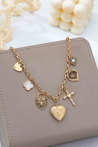 Antique Heart Locket & Cross Multi-Charm Necklace | 80N93116