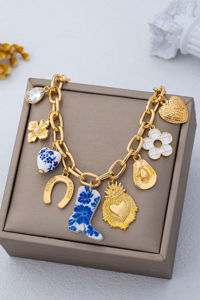 Blue & White Floral Western Charm Link Bracelet | 80B1803