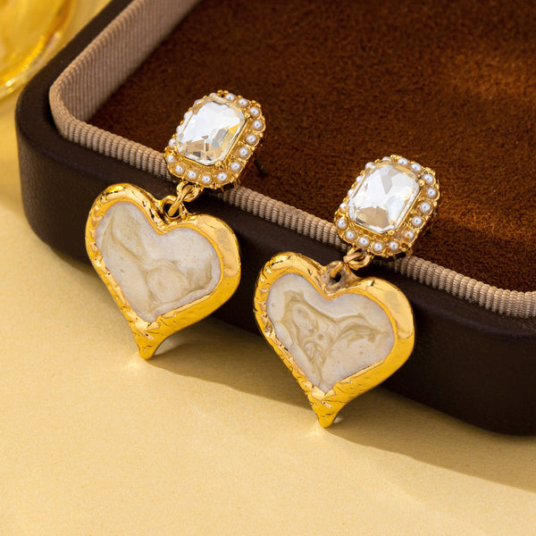 Marbled Enamel Heart Crystal Drop Earrings | 80E62347