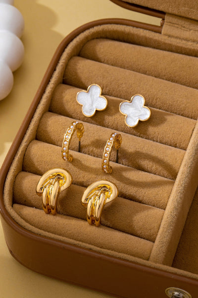 Gold-Tone Clover Pearl Huggie Hoop Earring Trio Set | 80E62320