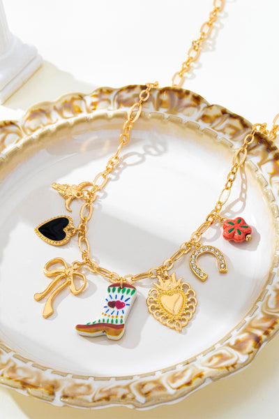 Western Boot Horseshoe Heart Multi Charm Necklace | 80N93207