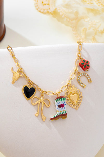 Western Boot Horseshoe Heart Multi Charm Necklace | 80N93207