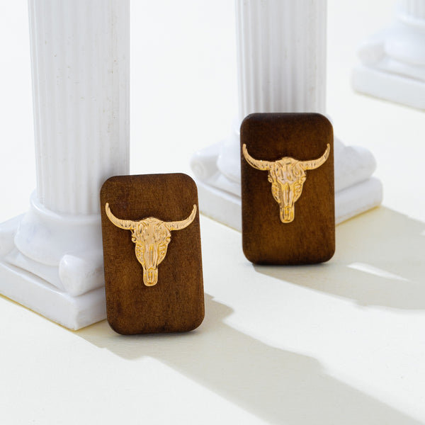 Wood Rustic Longhorn Bull Stud Earrings | 80E62395