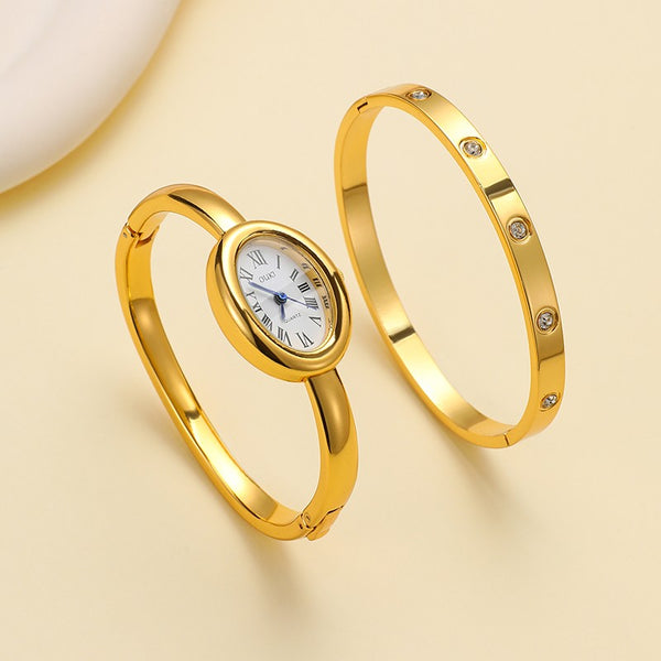 Oval Bangle Watch & Crystal Bracelet Set | 40WTH102
