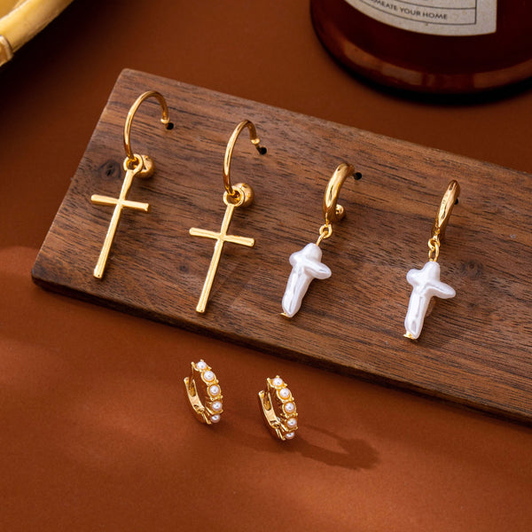 Cross Charm Huggie Hoop Trio Earrings Set | 80E63280