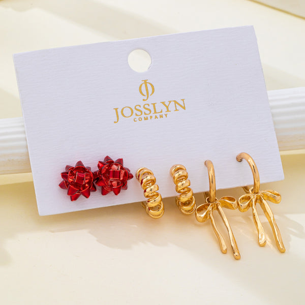 Holiday Present Bow & Ribbon Hoop Earring Set | 80E62410