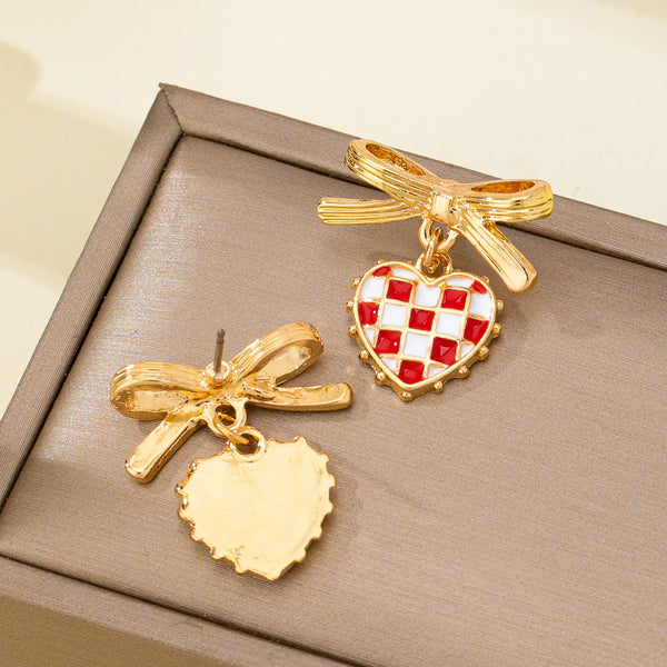 Checkered Heart Bow Drop Earrings | 80E62406