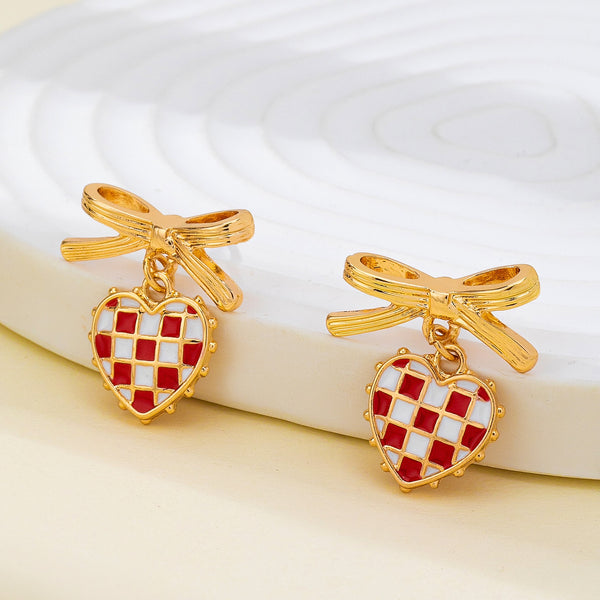 Checkered Heart Bow Drop Earrings | 80E62406