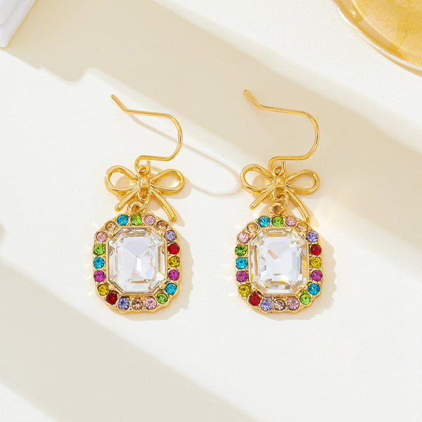 Bow & Emerald-Cut Rainbow Crystal Drop Earrings | 80E62407