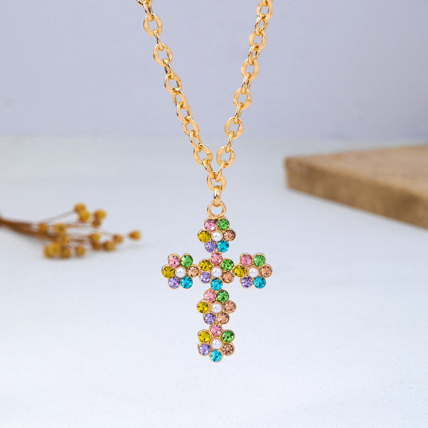 Pearl & Pastel Crystal Cross Pendant Necklace | 80N93280
