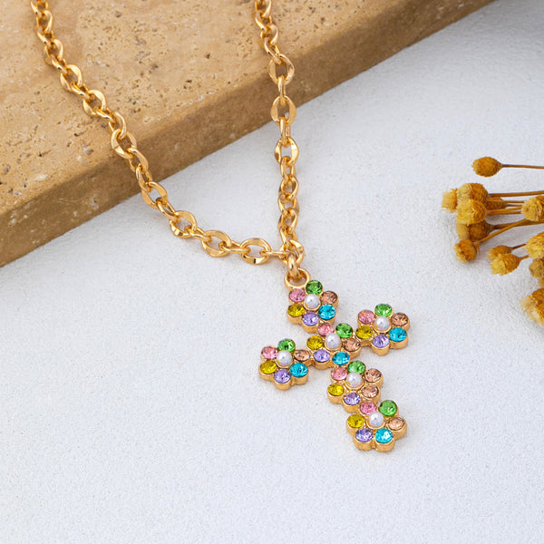 Pearl & Pastel Crystal Cross Pendant Necklace | 80N93280