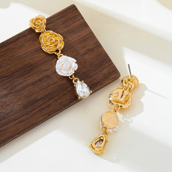 Triple-Tier Gold Floral & Crystal Dangle Earrings | 80E62438