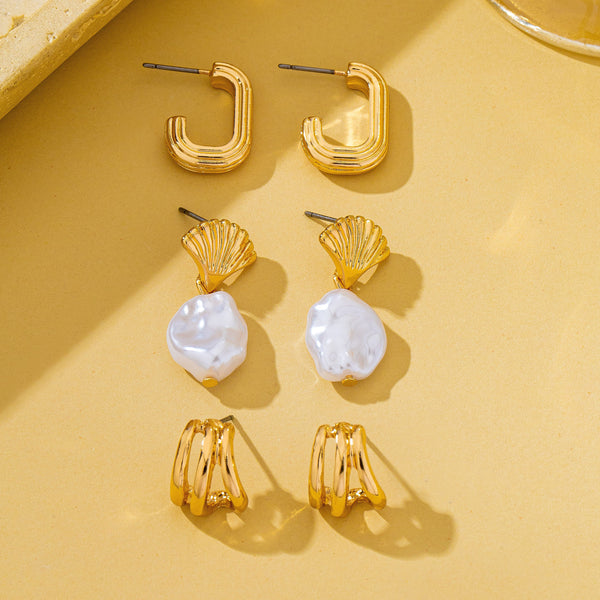 Textured Hoop & Pearl Trio Earrings | 80E62468