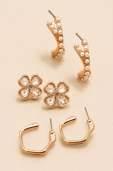 Floral Gem Pearl Hoop Trio Earrings | 80E62420