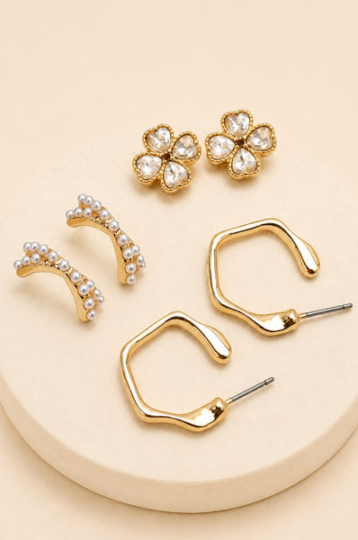 Floral Gem Pearl Hoop Trio Earrings | 80E62420