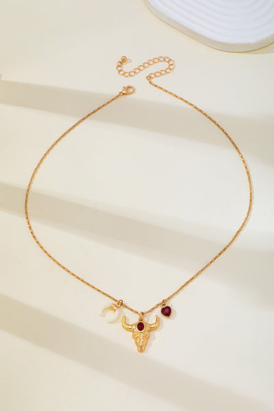 Ruby & Crescent Bull Skull Charm Necklace | 80N93321