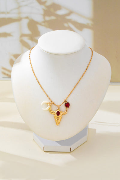 Ruby & Crescent Bull Skull Charm Necklace | 80N93321