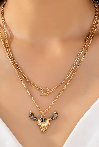 Western Glam Bull Skull Layered Necklace | 80N93320