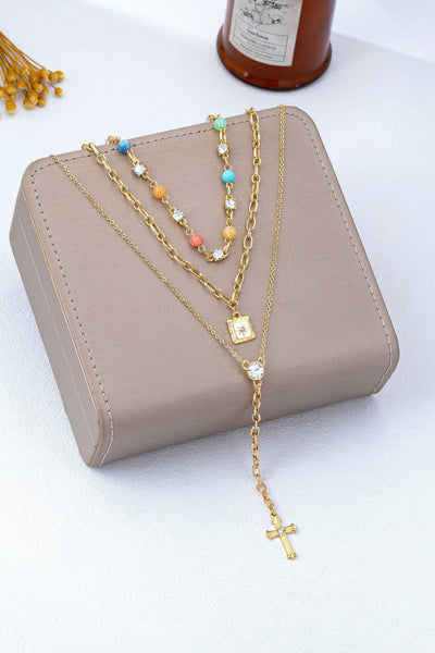 Multi-Strand Color Bead & Cross Lariat Necklace | 80N93303