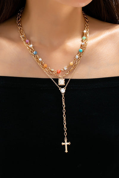Multi-Strand Color Bead & Cross Lariat Necklace | 80N93303