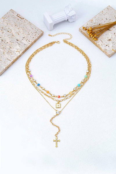 Multi-Strand Color Bead & Cross Lariat Necklace | 80N93303
