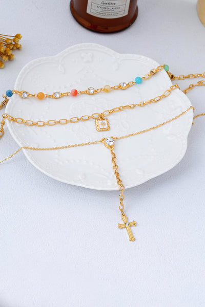 Multi-Strand Color Bead & Cross Lariat Necklace | 80N93303
