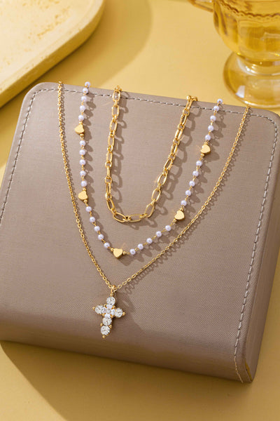 Multi-Strand Pearl & Crystal Cross Necklace | 80N93302