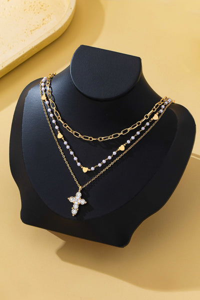 Multi-Strand Pearl & Crystal Cross Necklace | 80N93302