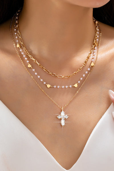 Multi-Strand Pearl & Crystal Cross Necklace | 80N93302