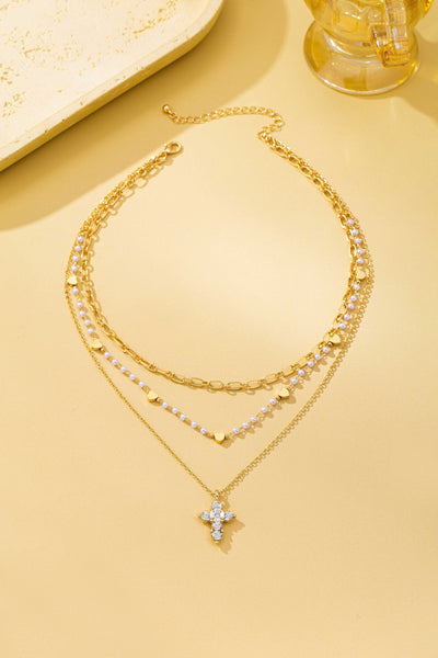 Multi-Strand Pearl & Crystal Cross Necklace | 80N93302