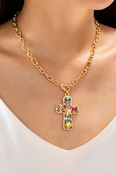 Multi-Colored Crystal Cross Necklace | 80N93265