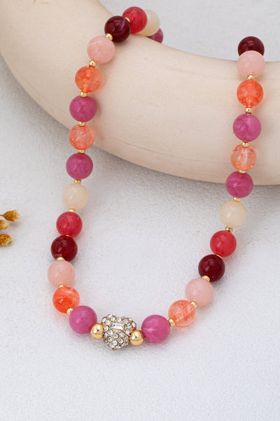 Rose & Berry Tone Beaded  Heart Crystal Ball Necklace | 80N92958